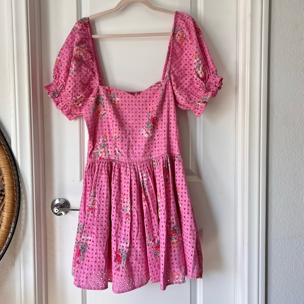LoveShackFancy Altima Mini Dress Pink Floral Puff Sleeve 100% Cotton Medium - Picture 2 of 9